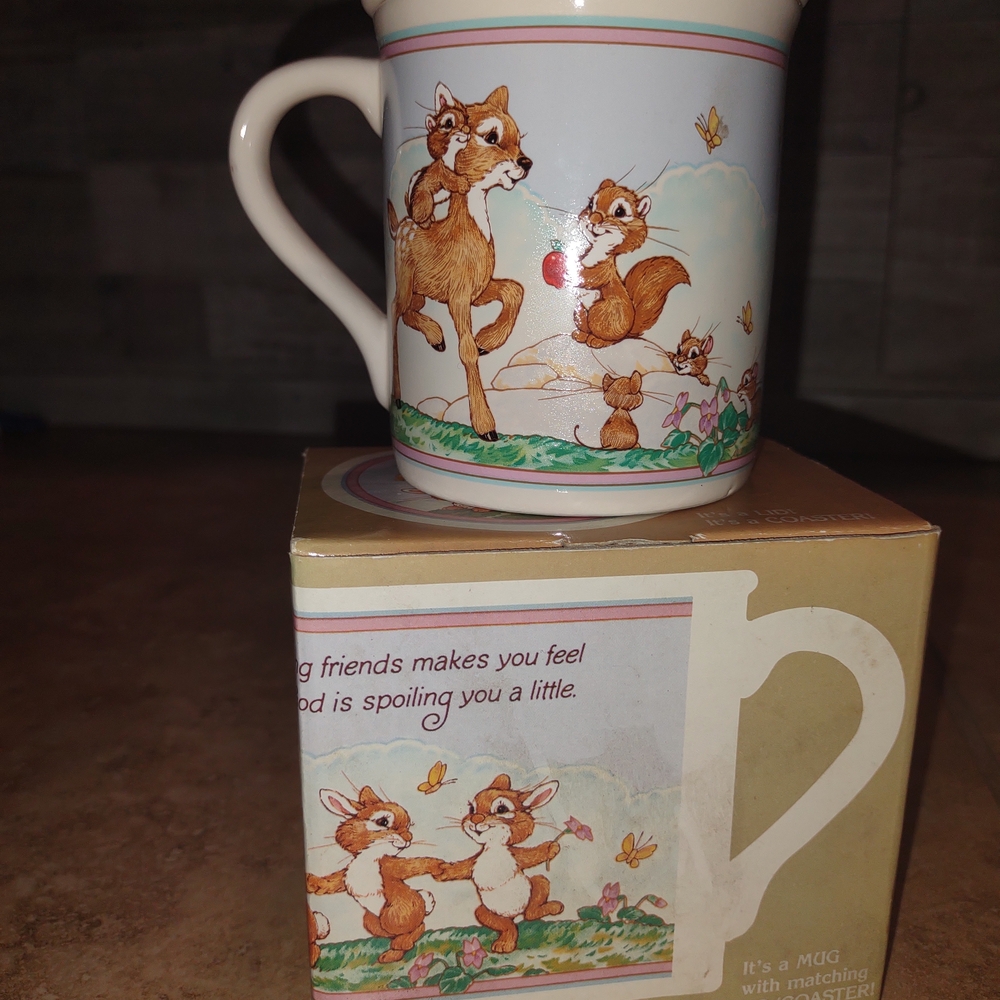 Illustrated Bunny & Fox Ceramic Mug - Pastel Pink Trim